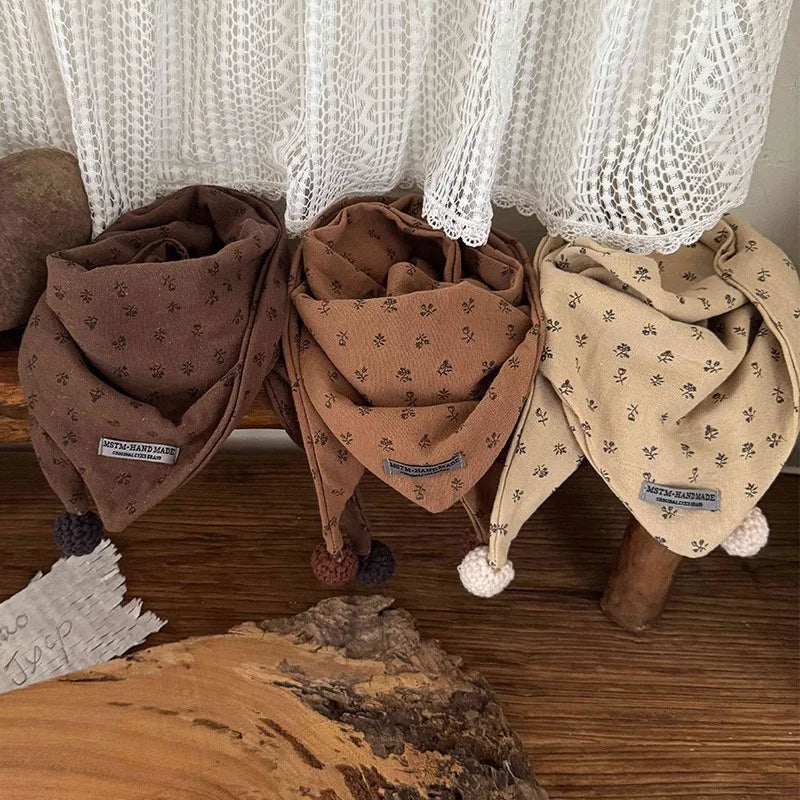 Children's Cotton Brown Floral Print Style Winter Scarf - Windproof Triangle Shawl