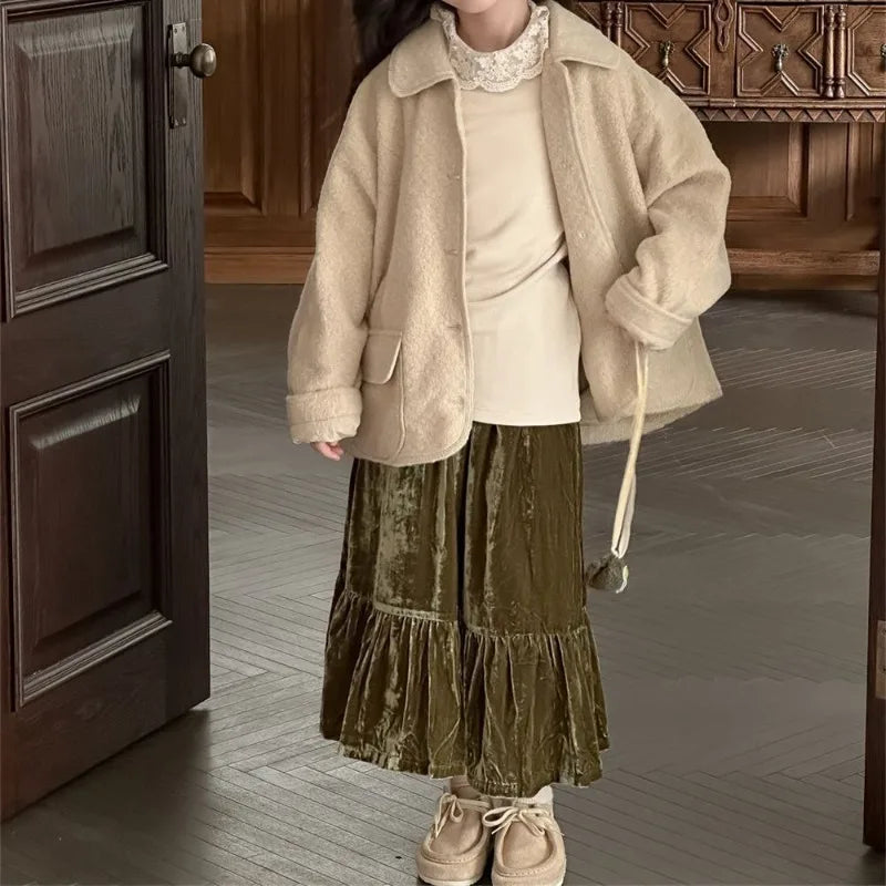 Girl's Vintage Velvet Ruffled Velvet Skirt