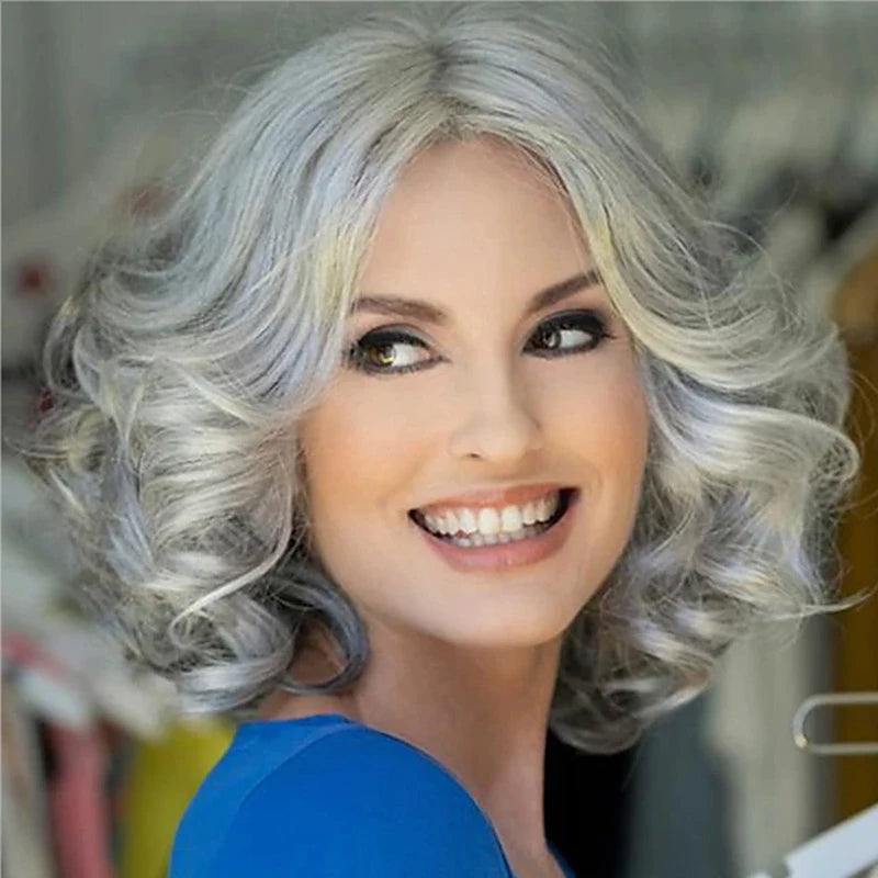 Silver Grey Short Curly Bob Synthetic Hair Wigs