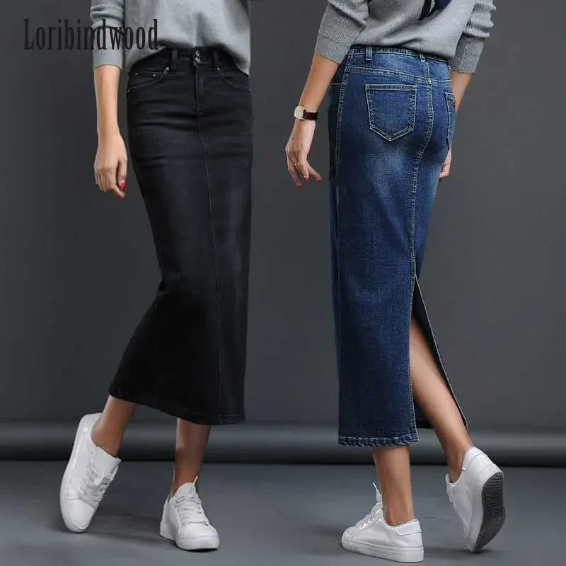 Classic Denim Long High Waist Pencil Jean Stretch Skirt