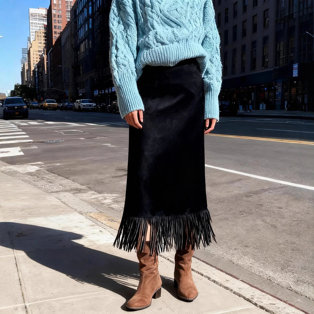 Vintage Fashionable Fringed Long Suede Skirt