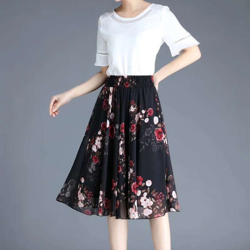 Chiffon Floral Midi Summer Luxury Elegant Casual Skirt