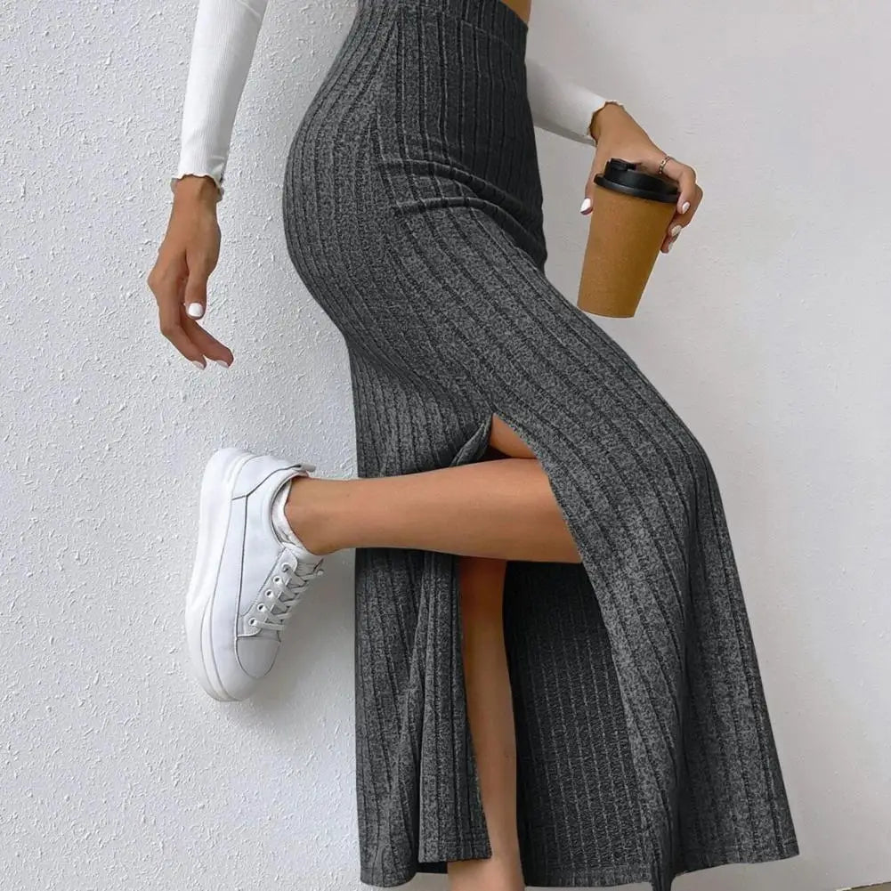 Knit High Waist Thick Elastic Ankle Length Striped Slim Split Hem Skirt
