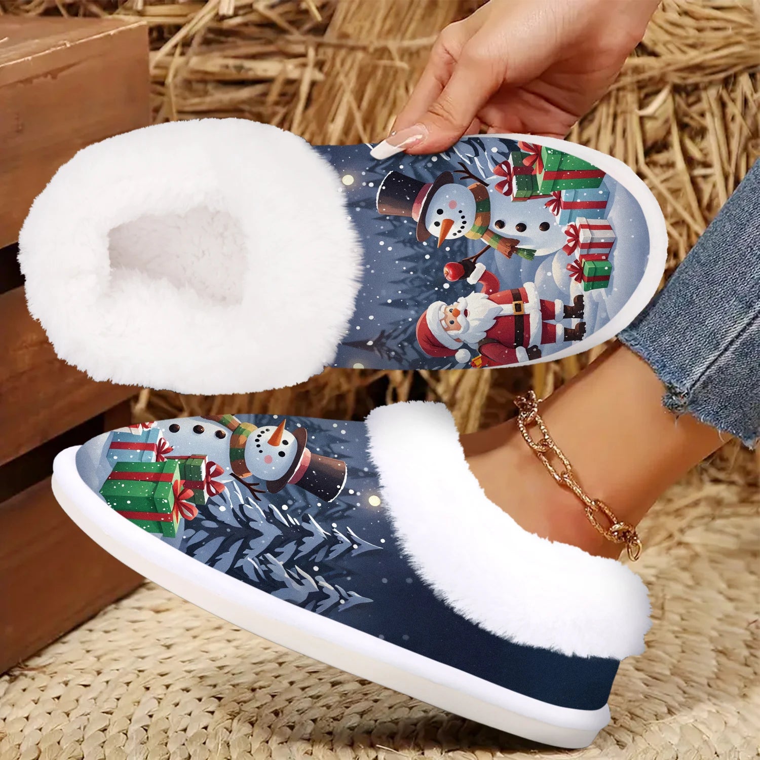 Santa Claus & Snowman Indoor/Outdoor Flannel Slippers: Soft, Warm - Great Christmas Present