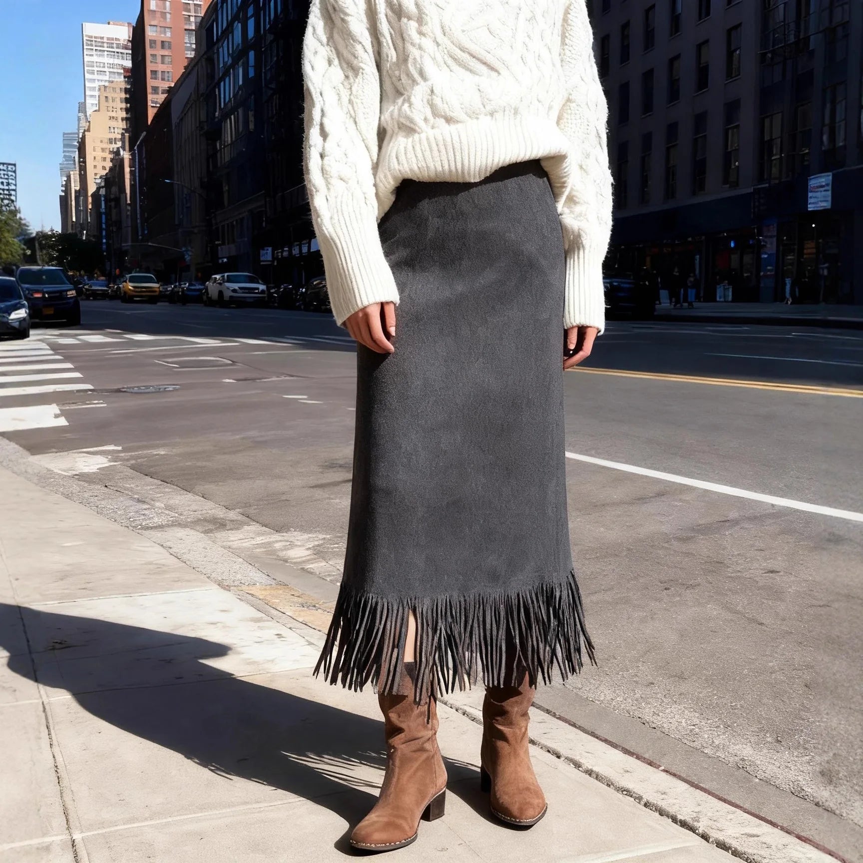 Vintage Fashionable Fringed Long Suede Skirt