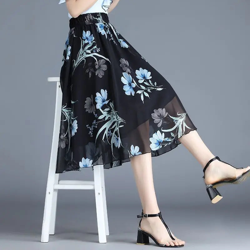 Chiffon Floral Midi Summer Luxury Elegant Casual Skirt