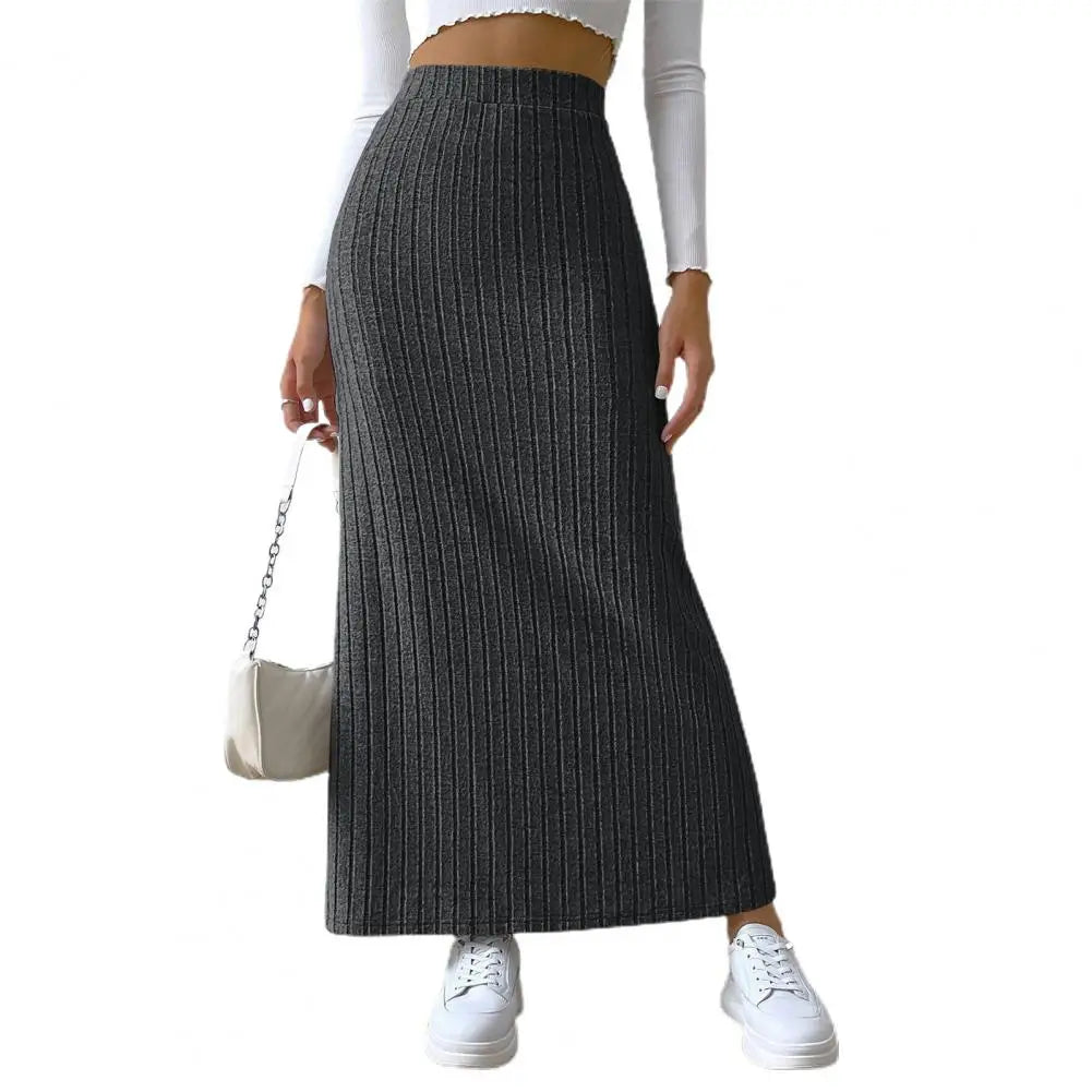 Knit High Waist Thick Elastic Ankle Length Striped Slim Split Hem Skirt