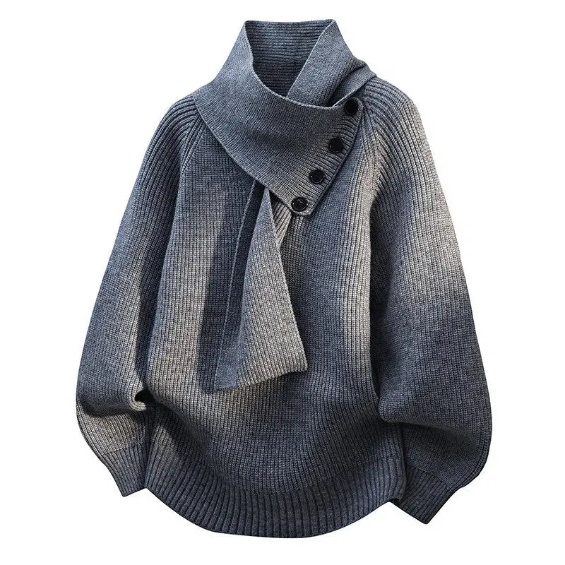 Men's Fashion Casual Scarf Design Pullover Sweater Casual with Loose Button Decor