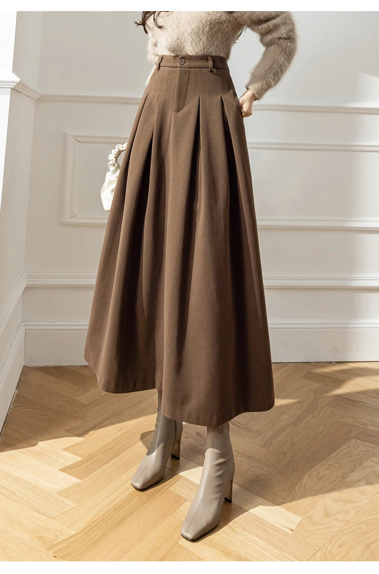 Winter Wool Pleated Maxi Long Skirt with High Waist