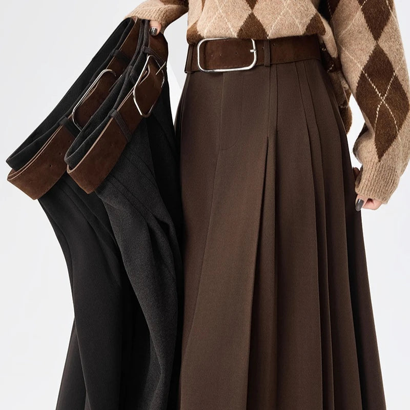 High Quality Woolen Mid-length Pleated Skirt with Belt