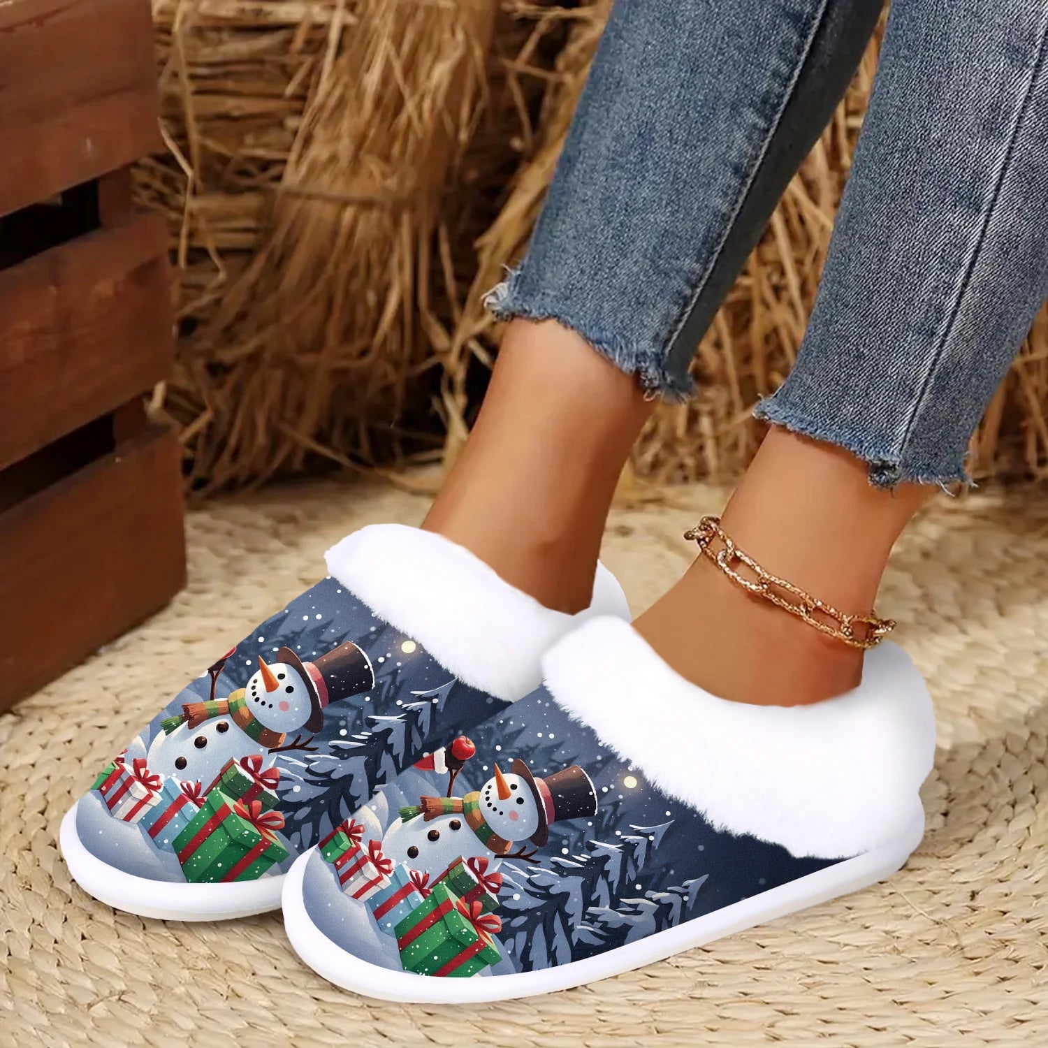 Santa Claus & Snowman Indoor/Outdoor Flannel Slippers: Soft, Warm - Great Christmas Present