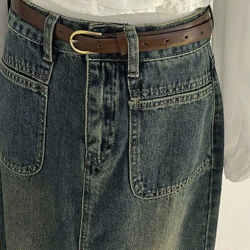 Retro Blue High Waist Split A-Line Jean Skirt