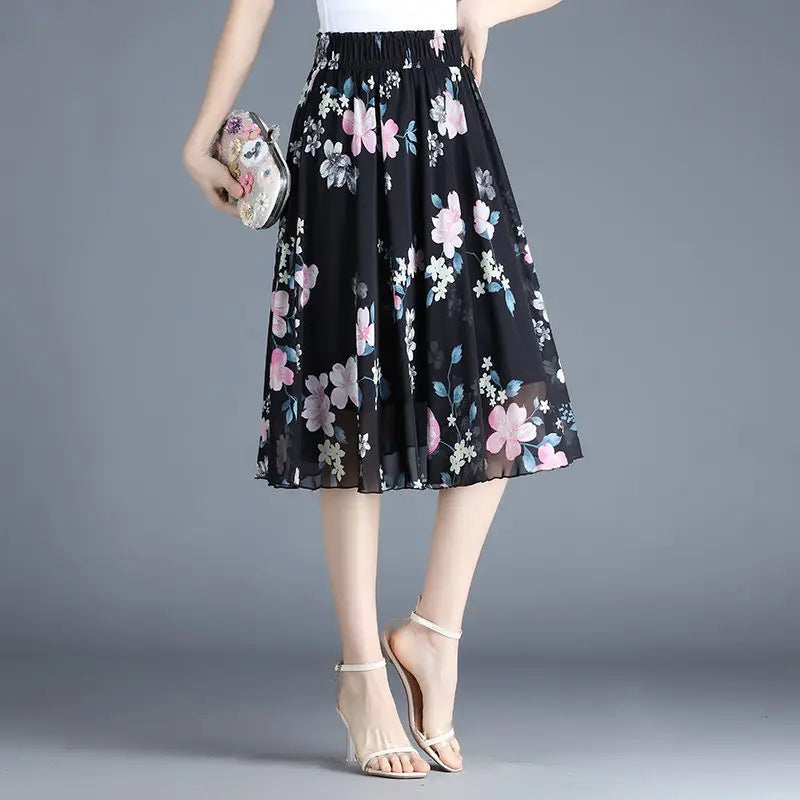 Chiffon Floral Midi Summer Luxury Elegant Casual Skirt