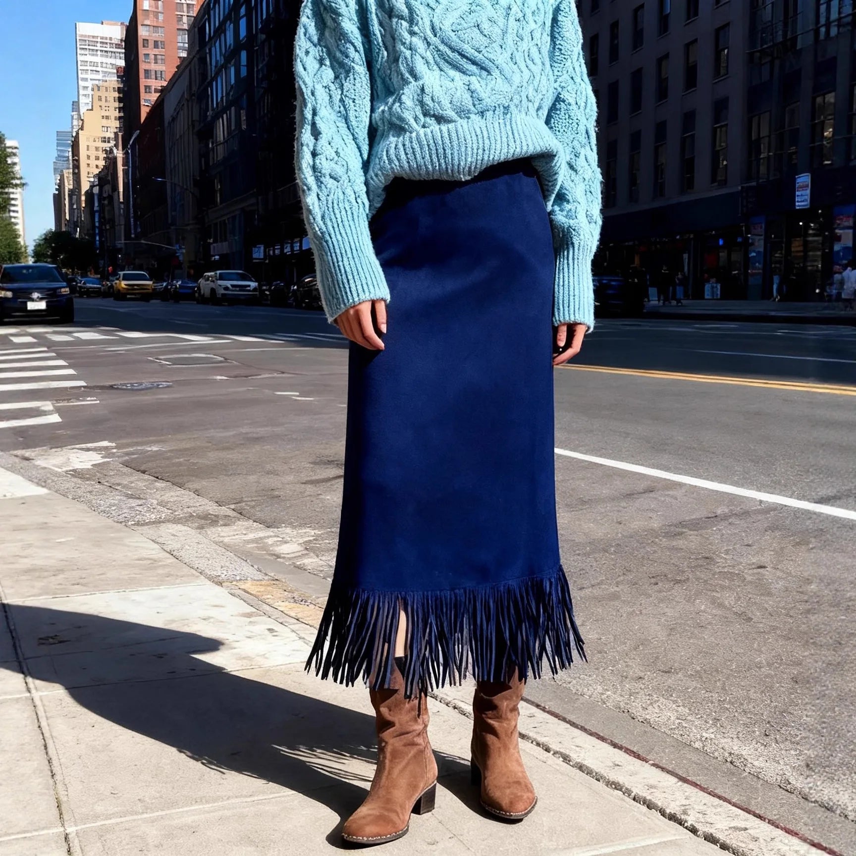Vintage Fashionable Fringed Long Suede Skirt
