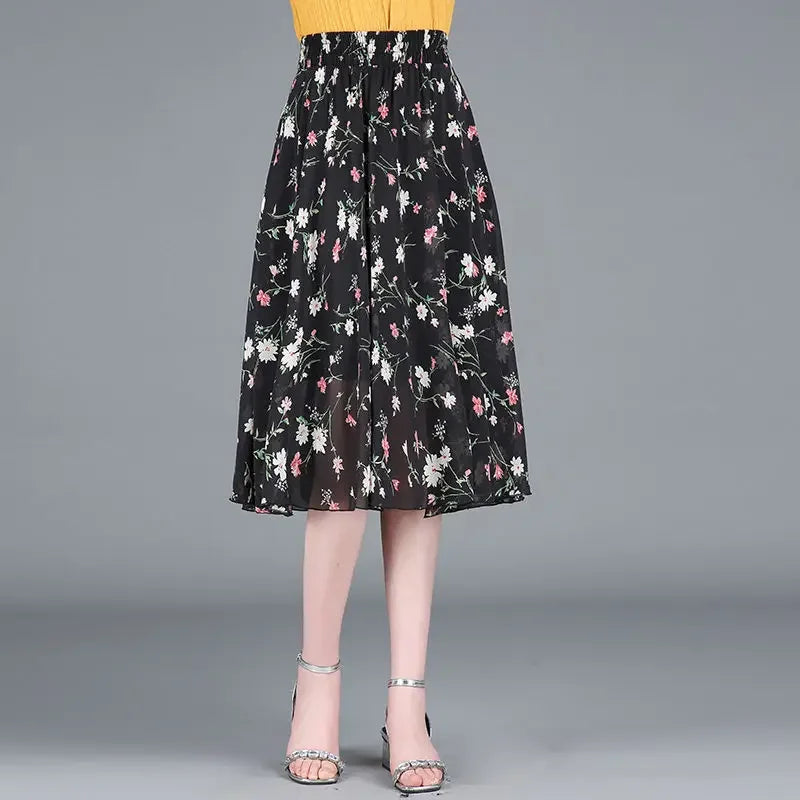 Chiffon Floral Midi Summer Luxury Elegant Casual Skirt