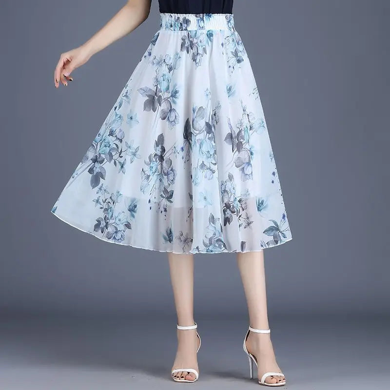 Chiffon Floral Midi Summer Luxury Elegant Casual Skirt