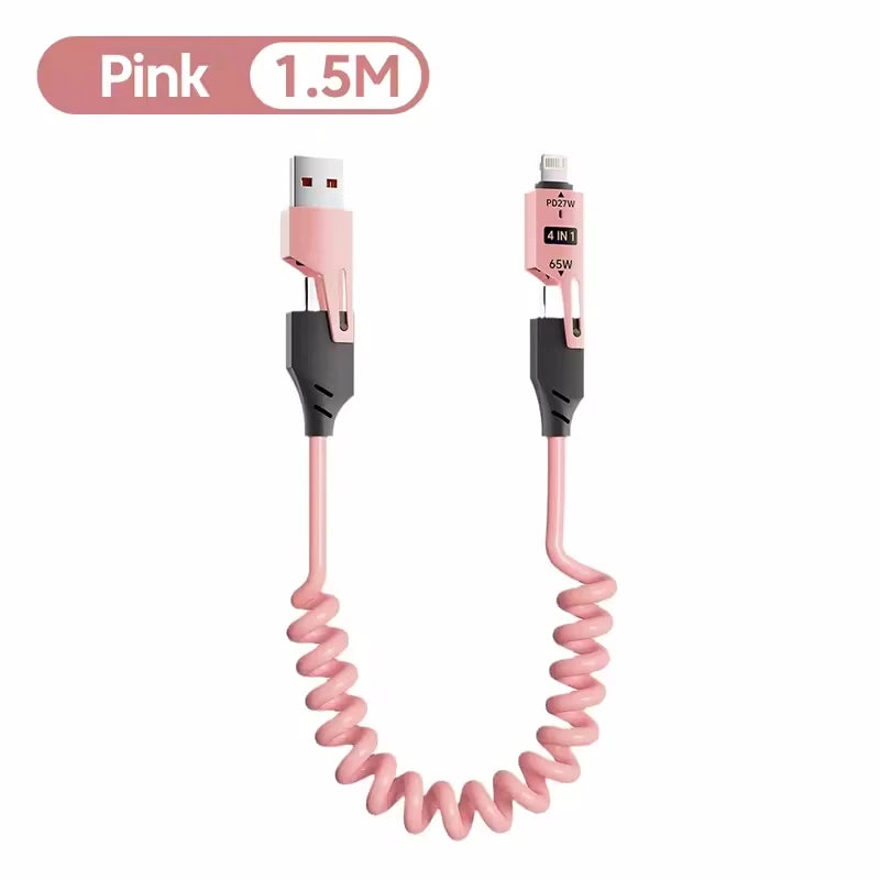 Quick Charger Spring USB Cable 4 in 1 Spring Data Cable 6A USB Type C Spring Telescopic Wire for iPhone iPad MacBook