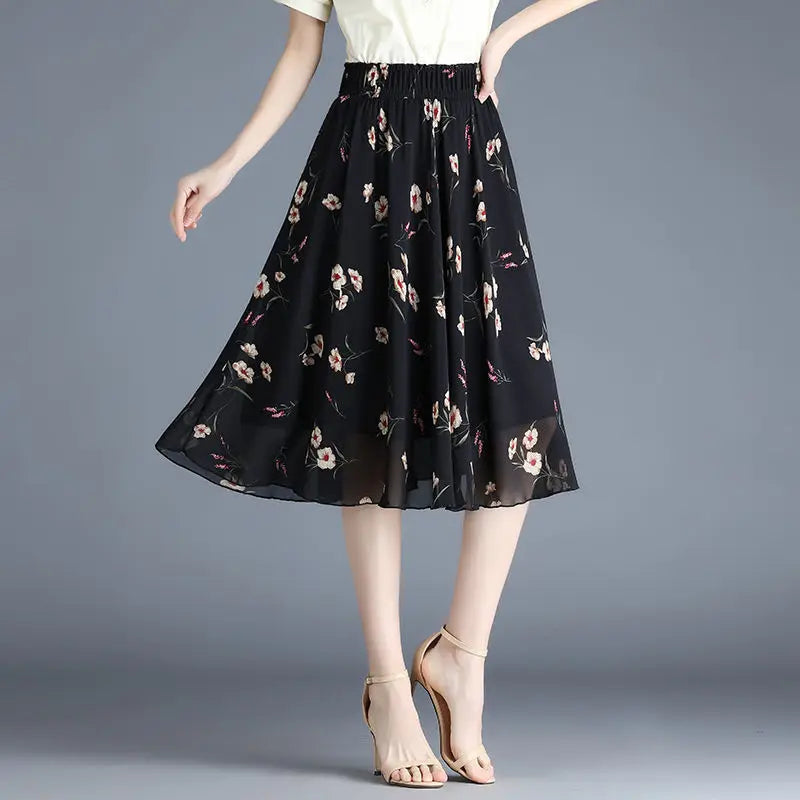 Chiffon Floral Midi Summer Luxury Elegant Casual Skirt