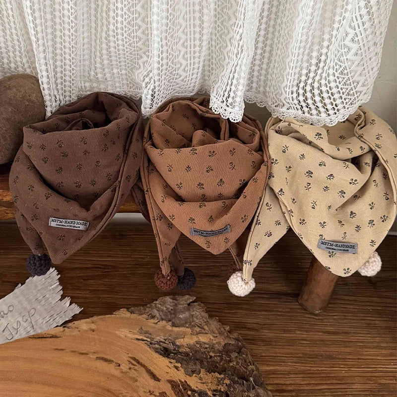 Children's Cotton Brown Floral Print Style Winter Scarf - Windproof Triangle Shawl