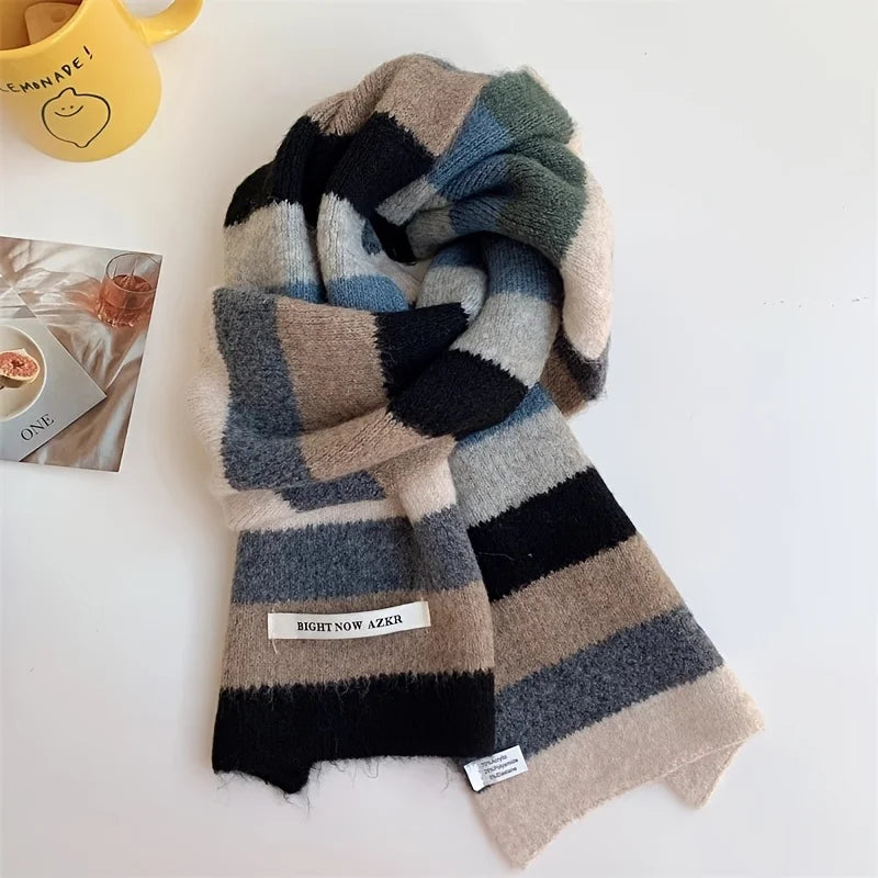 Acrylic Knitted Striped Scarf - Warm, Breathable & Ear Protection