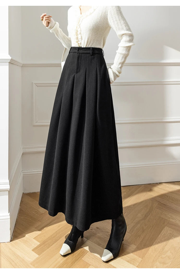 Winter Wool Pleated Maxi Long Skirt with High Waist