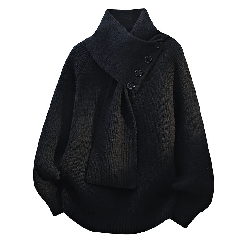 Men's Fashion Casual Scarf Design Pullover Sweater Casual with Loose Button Decor