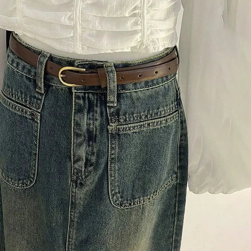 Retro Blue High Waist Split A-Line Jean Skirt