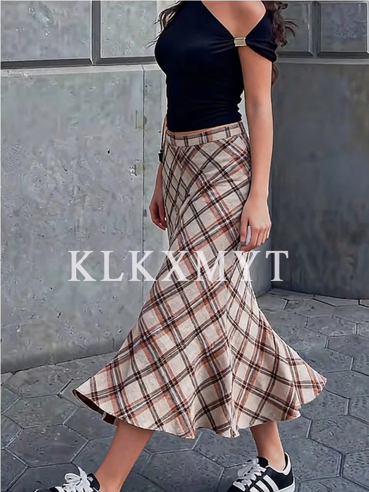 New Fashion Checkered Print Elegant High Waist Skirts