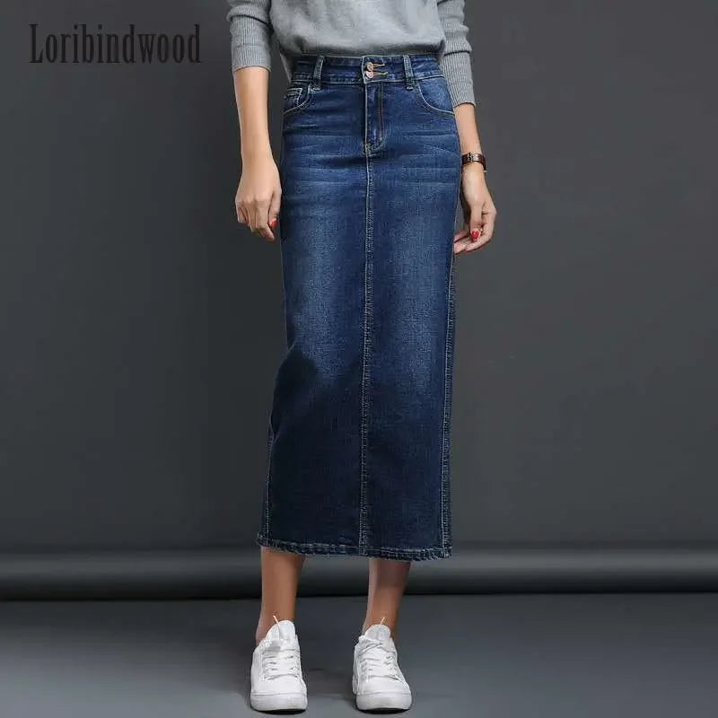 Classic Denim Long High Waist Pencil Jean Stretch Skirt