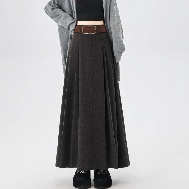 High Quality Woolen Mid-length Pleated Skirt with Belt