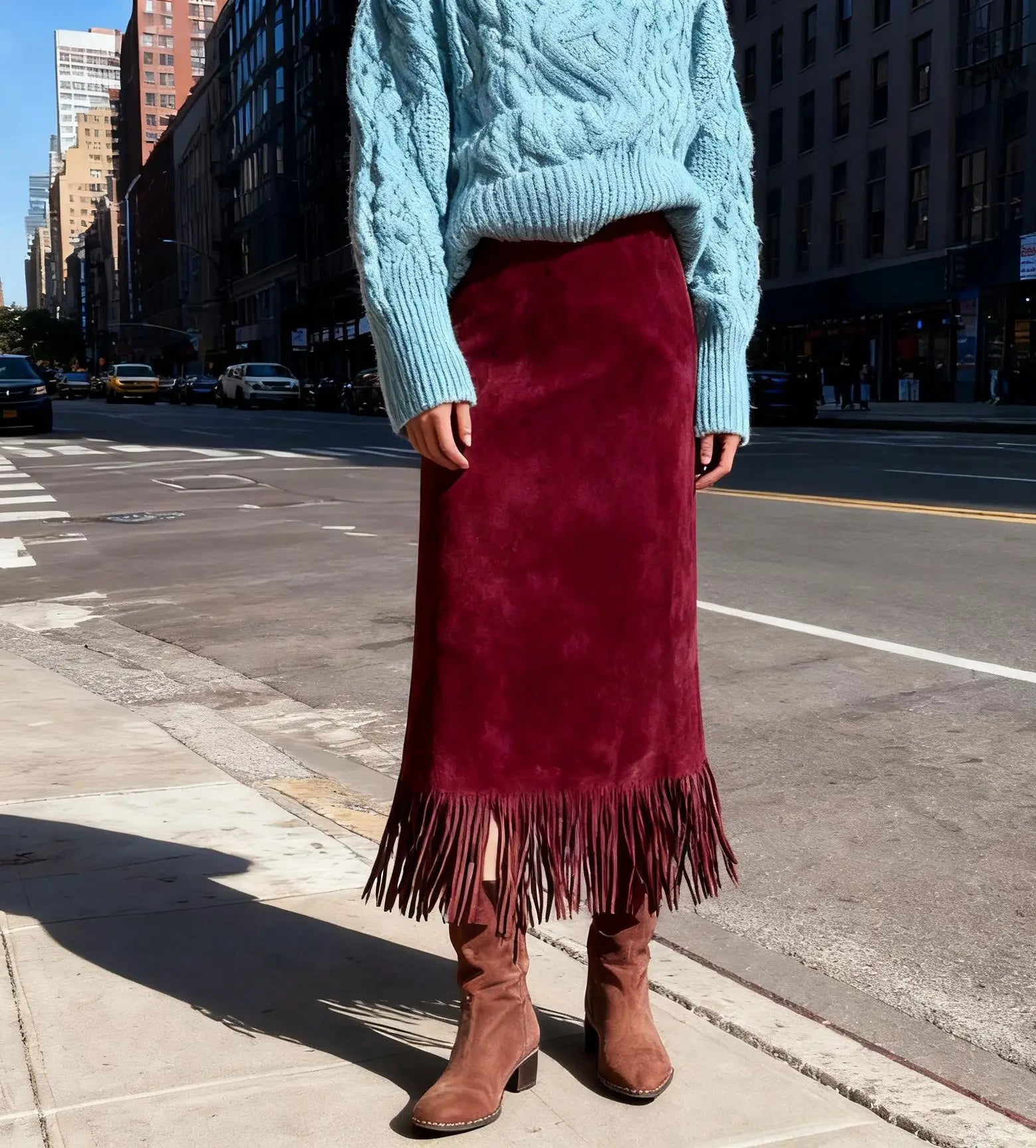 Vintage Fashionable Fringed Long Suede Skirt