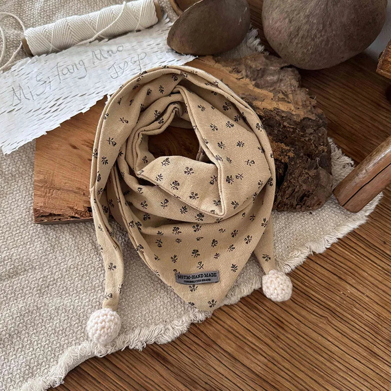 Children's Cotton Brown Floral Print Style Winter Scarf - Windproof Triangle Shawl