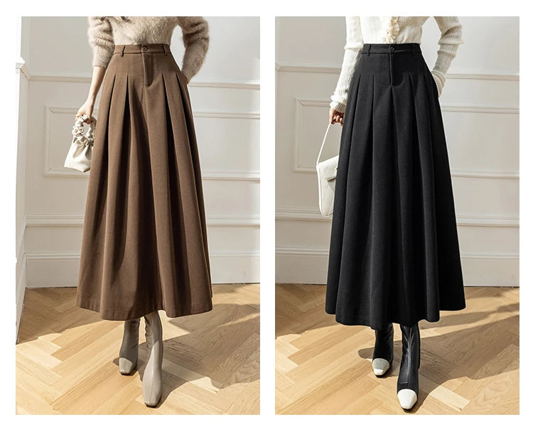 Winter Wool Pleated Maxi Long Skirt with High Waist