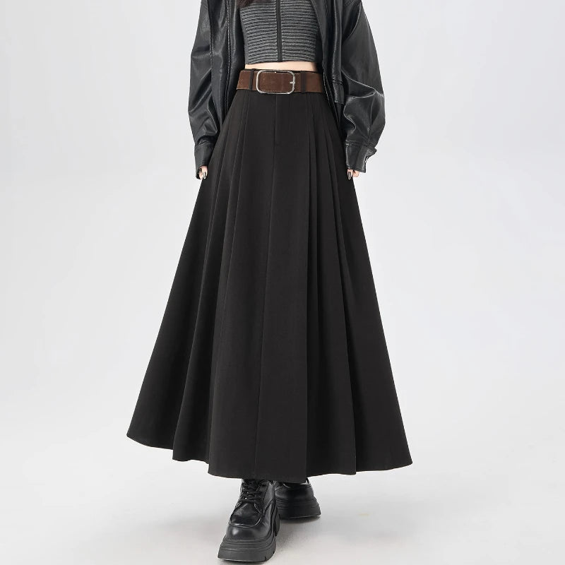 High Quality Woolen Mid-length Pleated Skirt with Belt