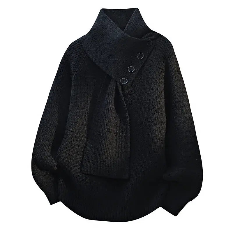 Men's Fashion Casual Scarf Design Pullover Sweater Casual with Loose Button Decor