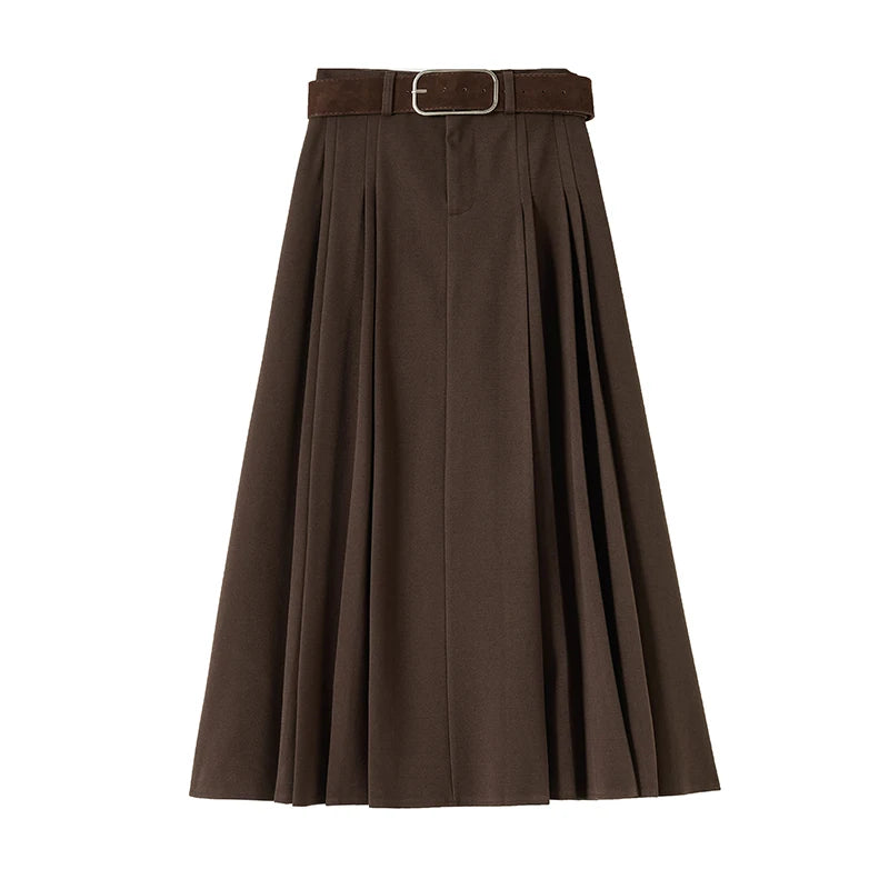 High Quality Woolen Mid-length Pleated Skirt with Belt