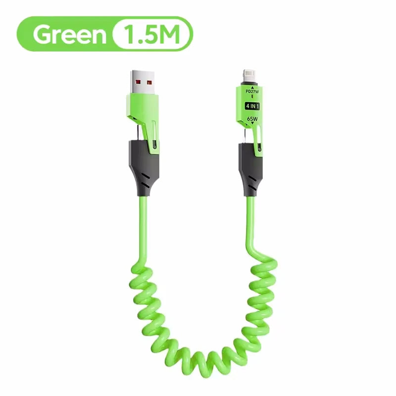 Quick Charger Spring USB Cable 4 in 1 Spring Data Cable 6A USB Type C Spring Telescopic Wire for iPhone iPad MacBook