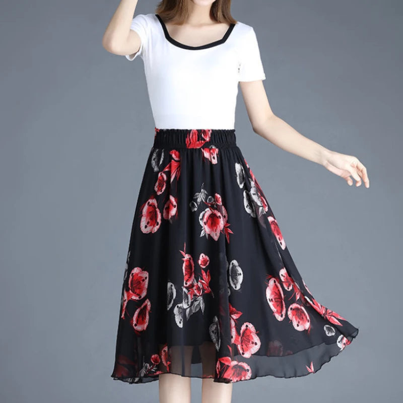 Chiffon Floral Midi Summer Luxury Elegant Casual Skirt