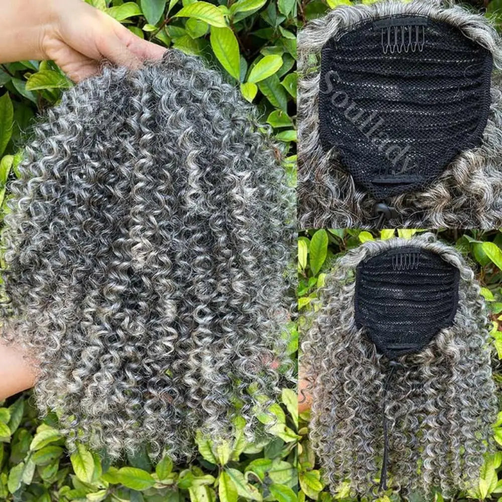 Salt And Pepper Jerry Curly Human Hair Drawstring Ponytail
