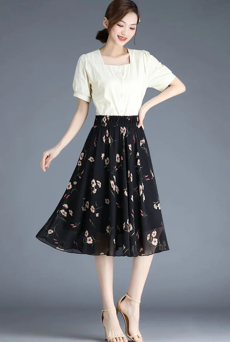 Chiffon Floral Midi Summer Luxury Elegant Casual Skirt