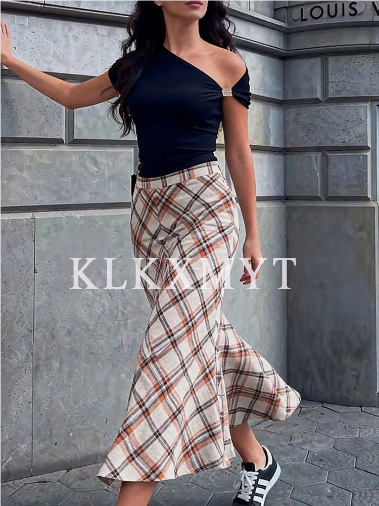 New Fashion Checkered Print Elegant High Waist Skirts