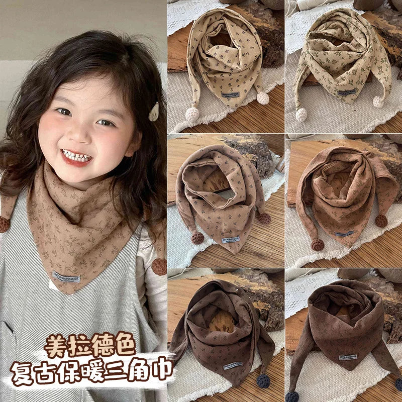 Children's Cotton Brown Floral Print Style Winter Scarf - Windproof Triangle Shawl