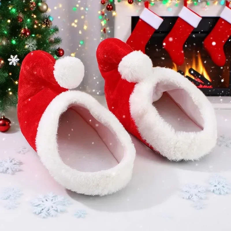 Red Plush Cotton Santa Claus Elf Christmas Slippers
