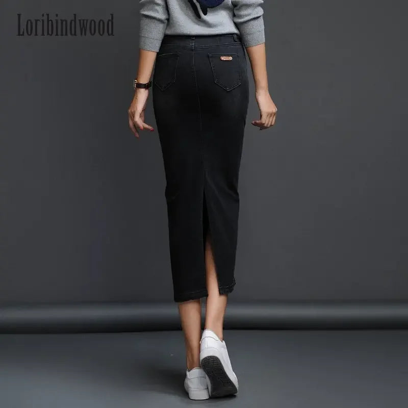 Classic Denim Long High Waist Pencil Jean Stretch Skirt