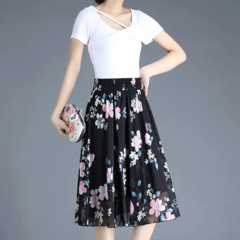 Chiffon Floral Midi Summer Luxury Elegant Casual Skirt