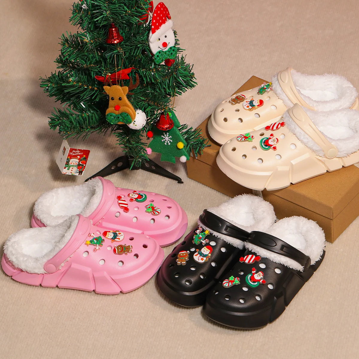 Comfortable Cartoon Christmas Slippers with Plush Lining and Round Toe