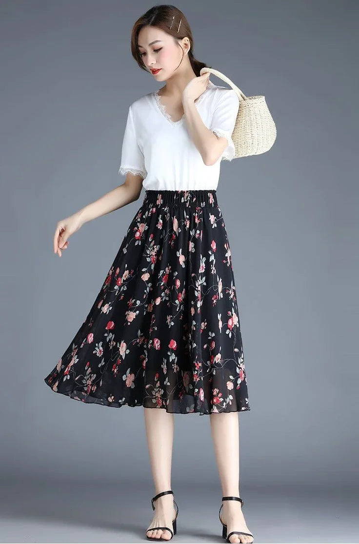 Chiffon Floral Midi Summer Luxury Elegant Casual Skirt