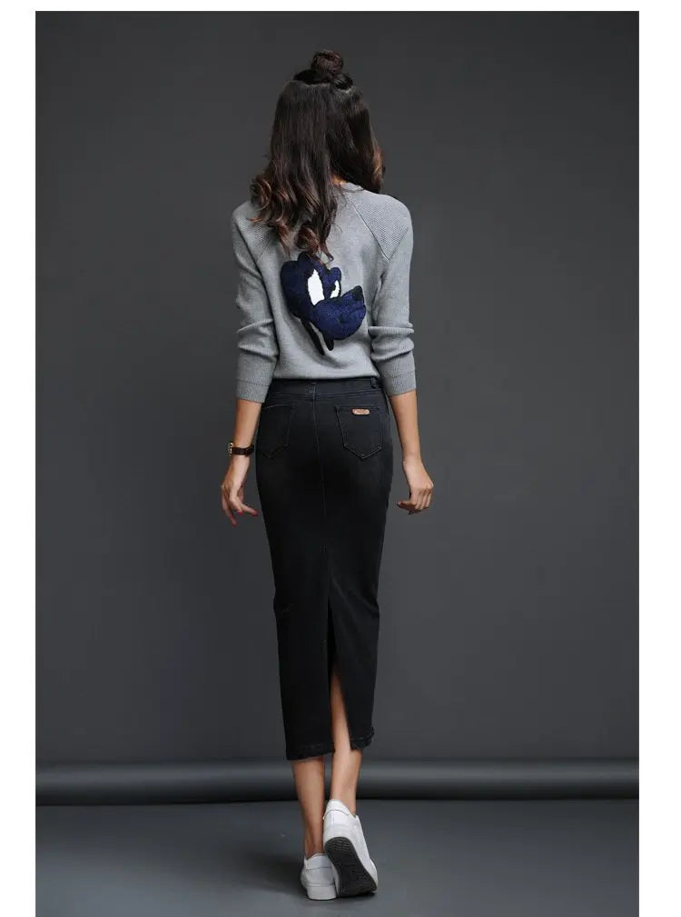 Classic Denim Long High Waist Pencil Jean Stretch Skirt