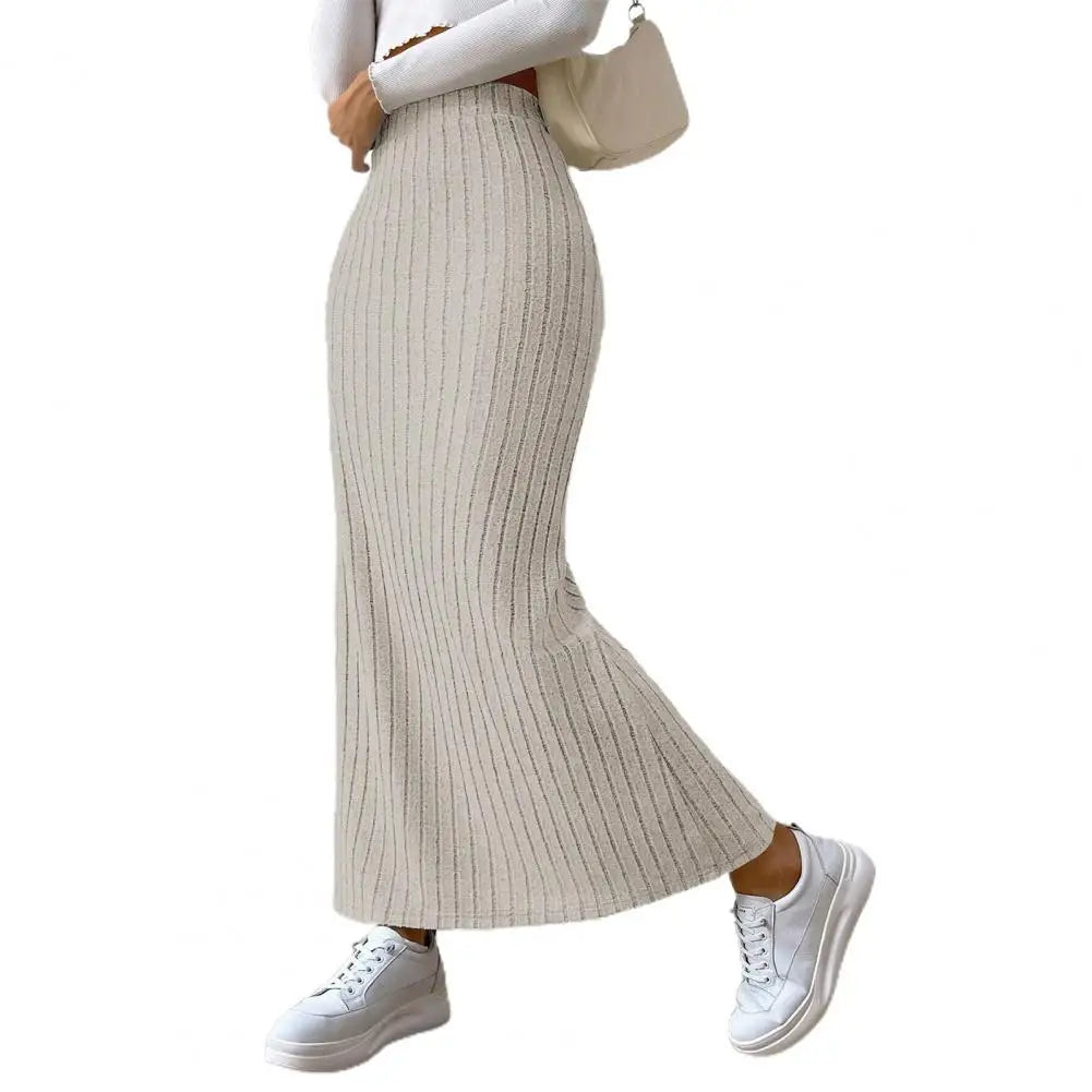 Knit High Waist Thick Elastic Ankle Length Striped Slim Split Hem Skirt