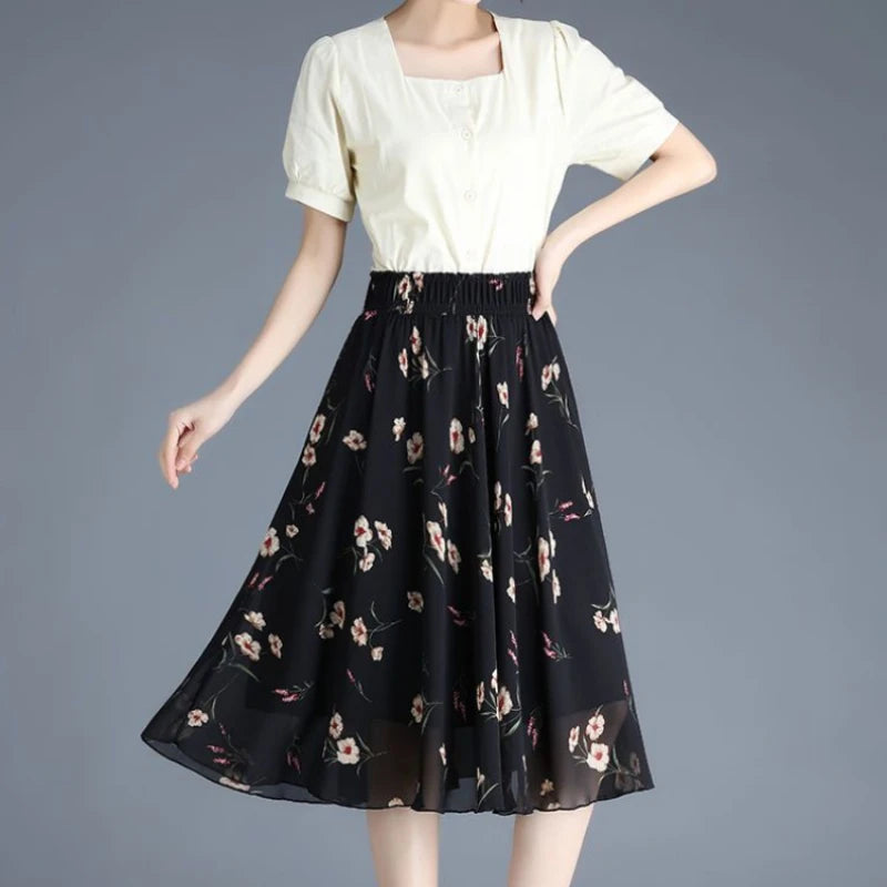Chiffon Floral Midi Summer Luxury Elegant Casual Skirt